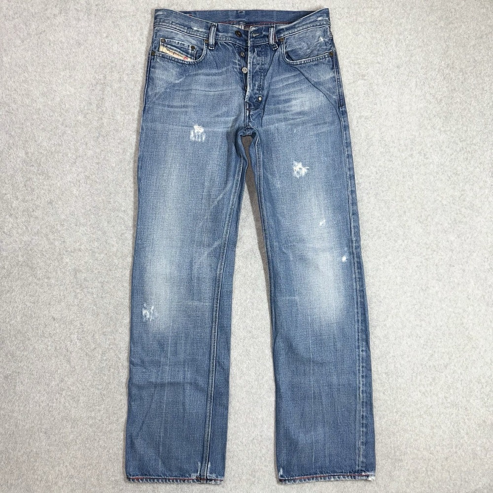 Diesel KURATT Straight Leg Jeans Mens 31x34 Red Contrast Stitch Distressed Italy